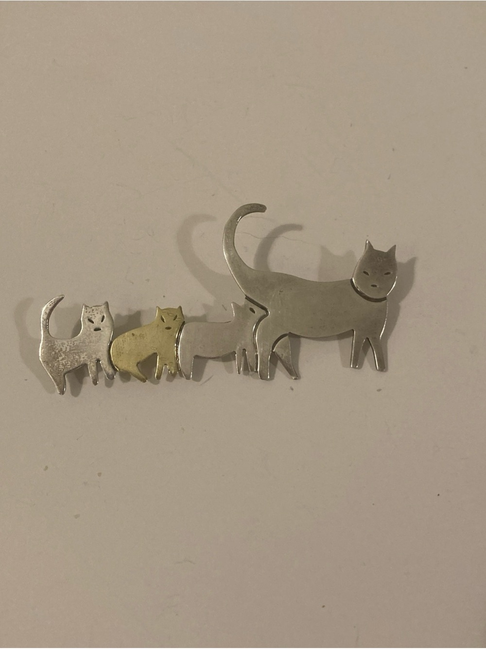 Vintage Mexico 925 Sterling Silver Brass Cute Cat Family Brooch Pin Mixed Metal